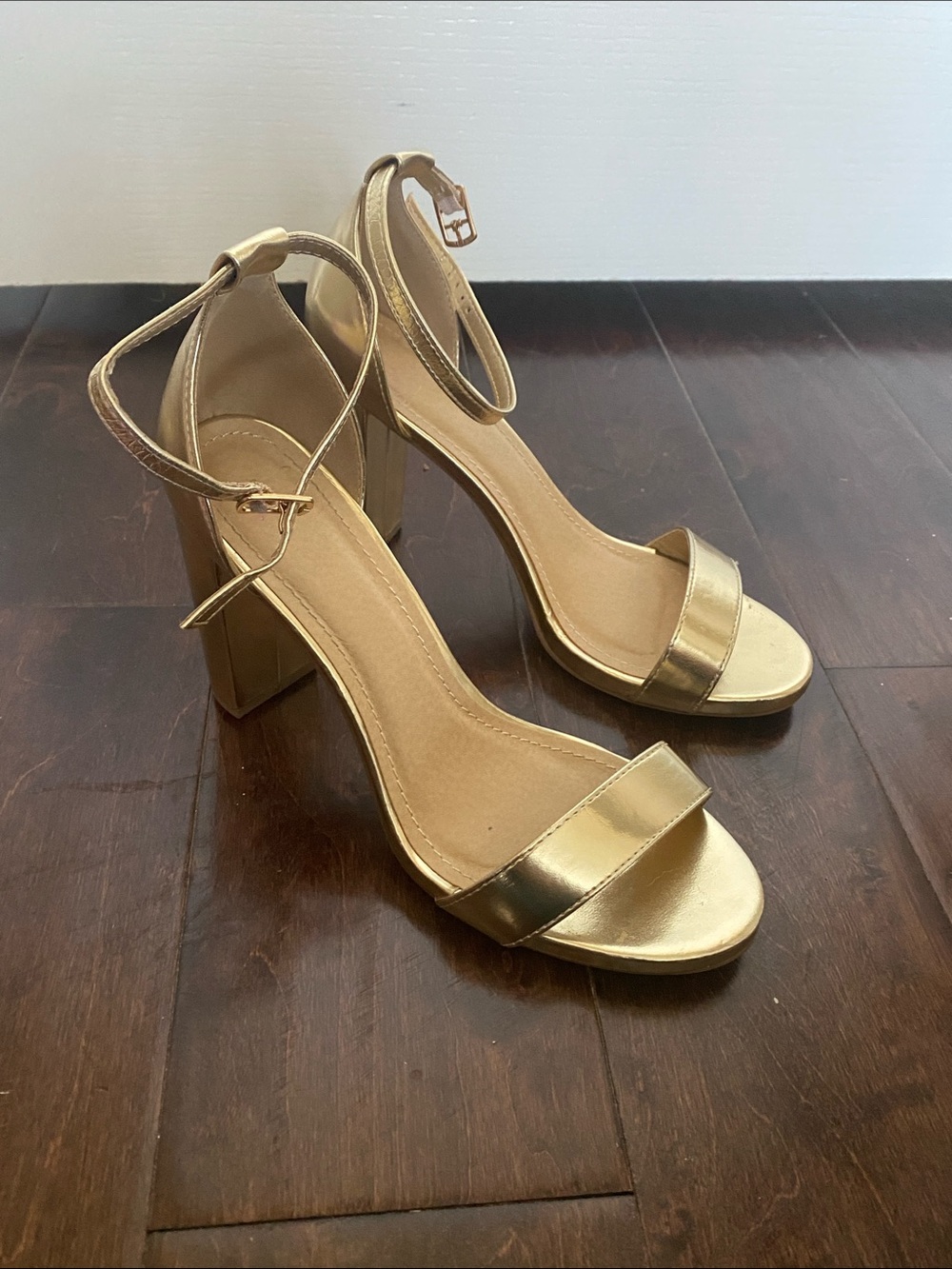 Metallic Gold Block Heel Ankle-Strap Sandals